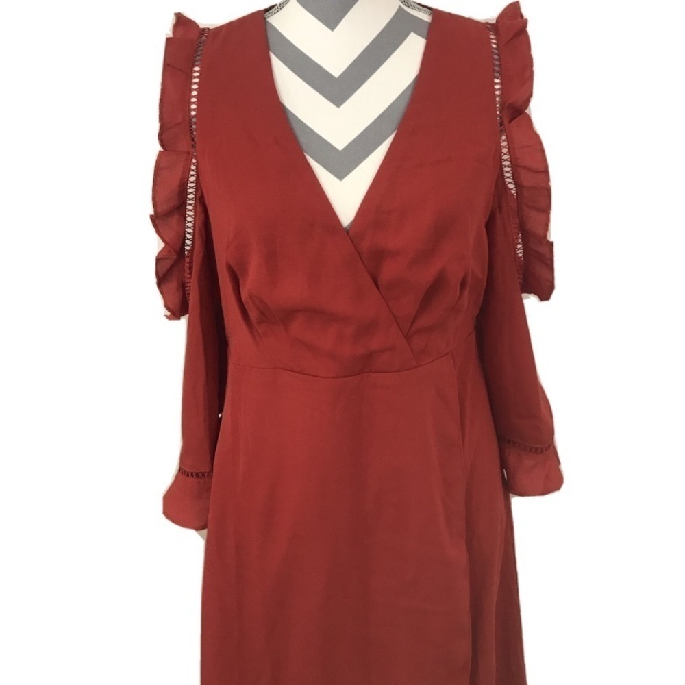 NWT - Aqua Cold Shoulder Ruffle Dress Burnt Orange High Low Wedding Guest Fall - Picture 5 of 10
